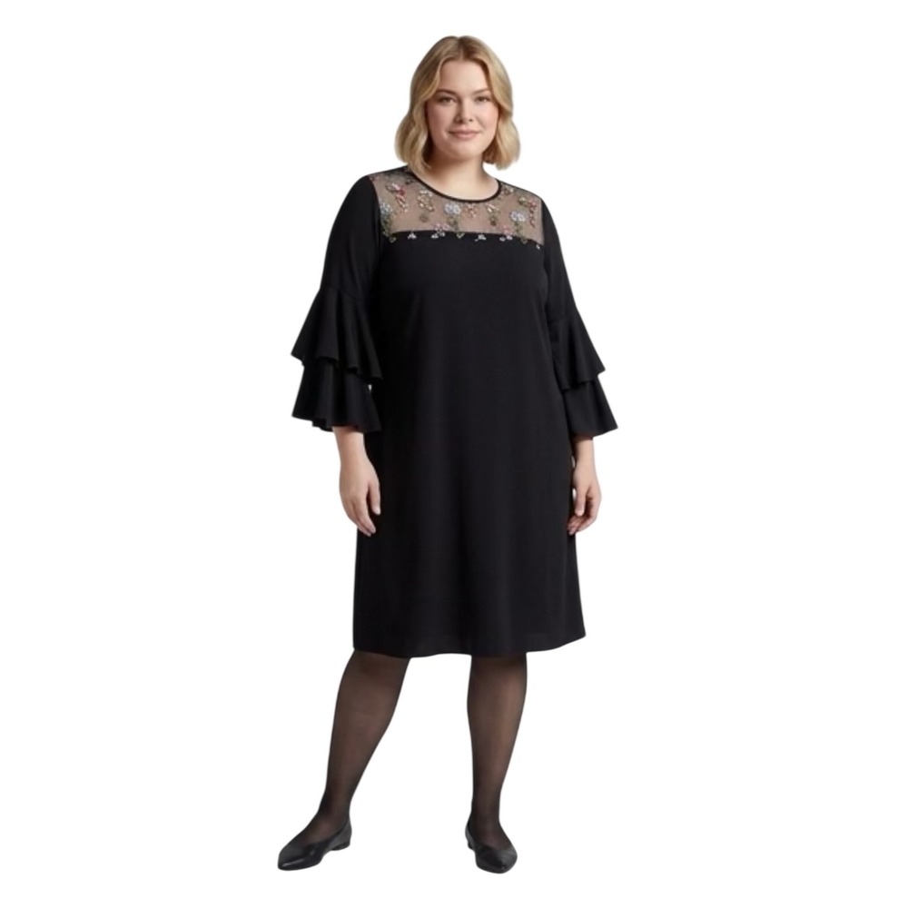 Brochure Black Floral Embroidered‎ Mesh Yoke Ruffle Bell Sleeve Dress 1X